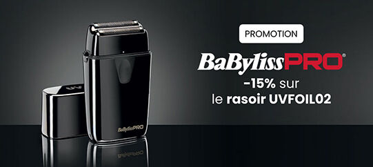 En octobre, profitez de -15% sur le Rasoir double grille avec lumière désinfectante UVFOIL02 de Babyliss Pro !